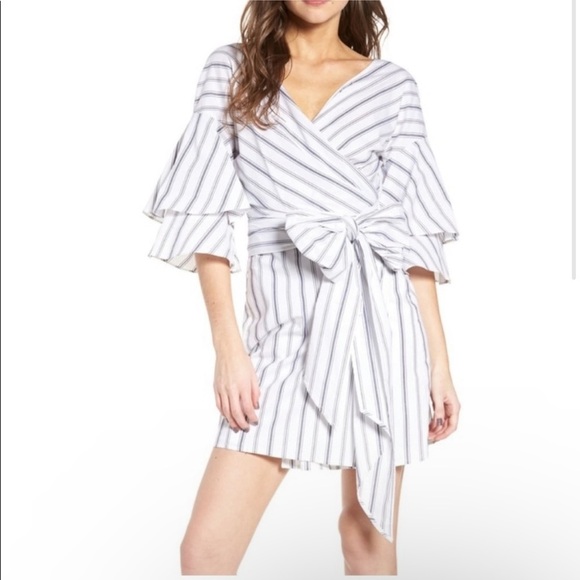 WAYF Women’s Beckett Blue Striped Ruffle Wrap Dress Large Bow Cotton Stretch S - Picture 2 of 13